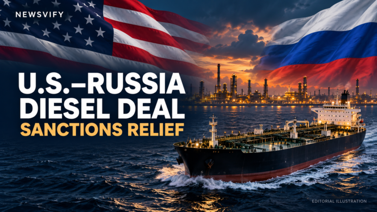 Editorial illustration of U.S. and Russian flags above a diesel tanker and refinery, representing the diesel agreement and sanctions relief.